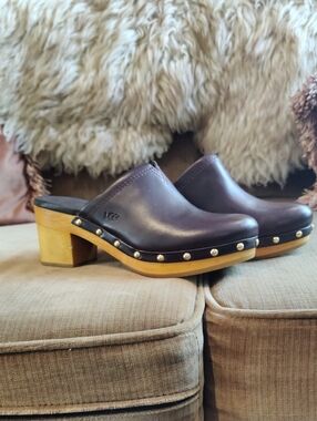 UGG Women's Dark Brown Leather Studded Clog Mules